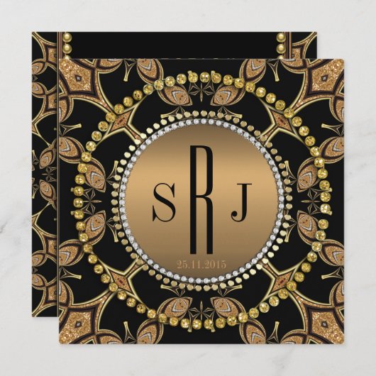 Batik Art Deco Black Gold Monogram Party Einladung (Vorne/Hinten)