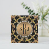 Batik Art Deco Black Gold Monogram Party Einladung (Stehend Vorderseite)