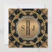 Batik Art Deco Black Gold Monogram Party Einladung (Vorderseite)