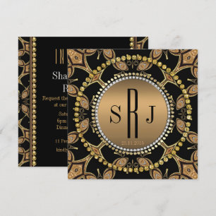 Batik Art Deco Schwarz Gold Monogramm Party Einlad Einladung