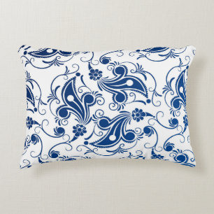 Batik Blau und Weiß Illustriertes Blumenmuster Dekokissen