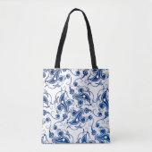 Batik Blau und Weiß Illustriertes Blumenmuster Tasche (Vorderseite)
