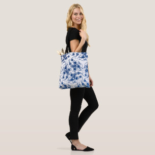 Batik Blau und Weiß Illustriertes Blumenmuster Tasche