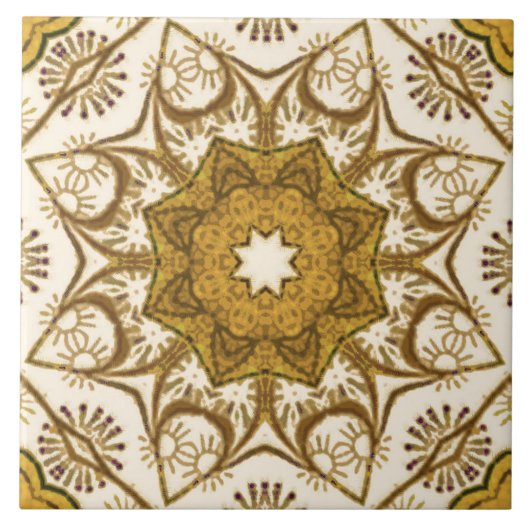 Batik Mandala Muster Mustard Gold und Creme Fliese (Vorderseite)