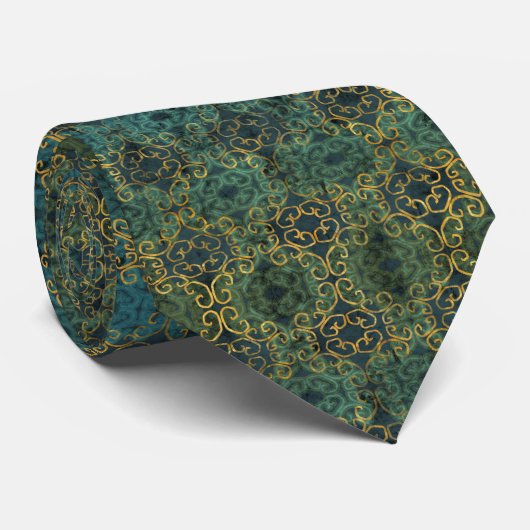 Batik Scroll Emerald und Gold Krawatte (Gerollt)