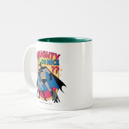 Batman | Frau unter Mistletoe naughty oder Nice Zweifarbige Tasse (Vorderseite Links)