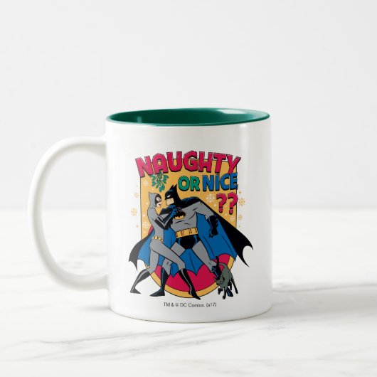 Batman | Frau unter Mistletoe naughty oder Nice Zweifarbige Tasse (Links)
