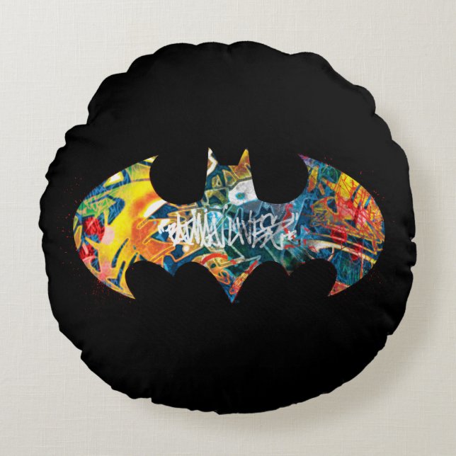 Batman Logo Neon/80s Graffiti Rundes Kissen (Vorderseite)