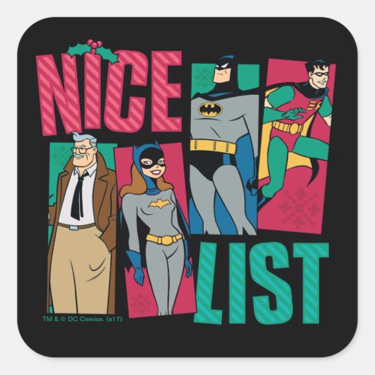 Batman | Santa Nice List of Heroes Quadratischer Aufkleber (Vorderseite)