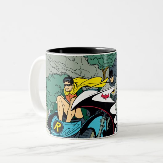 Batman und Robin im Batcycle Zweifarbige Tasse (Vorderseite Links)
