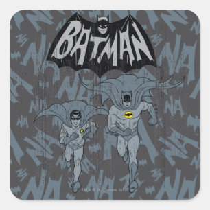 Batman und Robin mit Logo abgenutztes Grafikdesign Quadratischer Aufkleber