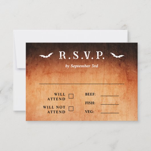 Bats & Skeleton Heart Goth Halloween Wedding RSVP Karte (Vorderseite)