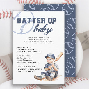 Batter Up Blau Weiße Baseball-Baby-Party Einladung