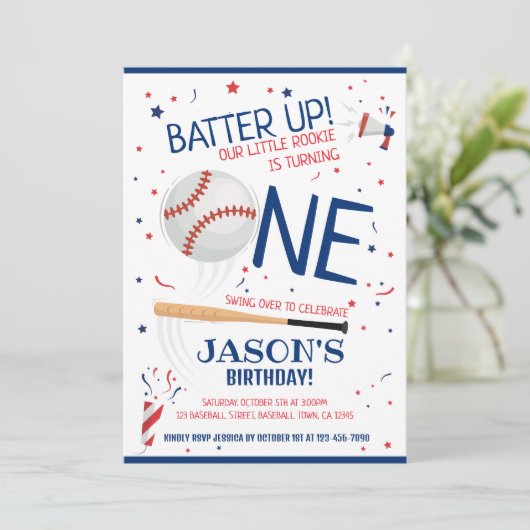 Batter Up Blue Little Rookie Baseball 1. Geburtsta Einladung (Stehend Vorderseite)
