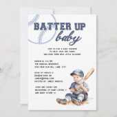 Batter Up Blue White Baseball Baby Dusche Einladung (Vorderseite)