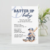 Batter Up Blue White Baseball Baby Dusche Einladung (Stehend Vorderseite)