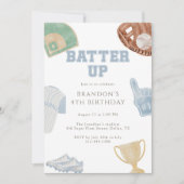 Batter up Preppy Blue Baseball Bow 4th Birthday Einladung (Vorderseite)