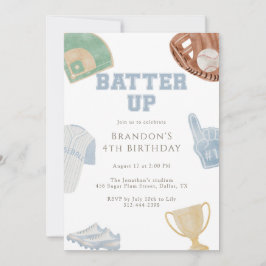 Batter up Preppy Blue Baseball Bow 4th Birthday Einladung