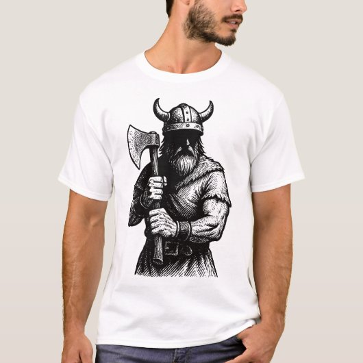 Battle ready Viking mit Axt, Comic Line Art T-Shirt (Vorderseite)