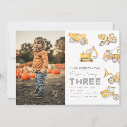 Bau 3. Geburtstag Foto Einladung (Vorderseite)