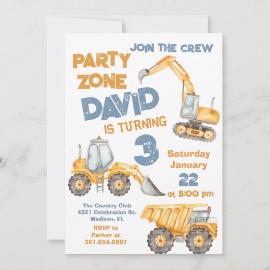 Bau 3. Geburtstag Party Einladung (Vorderseite)