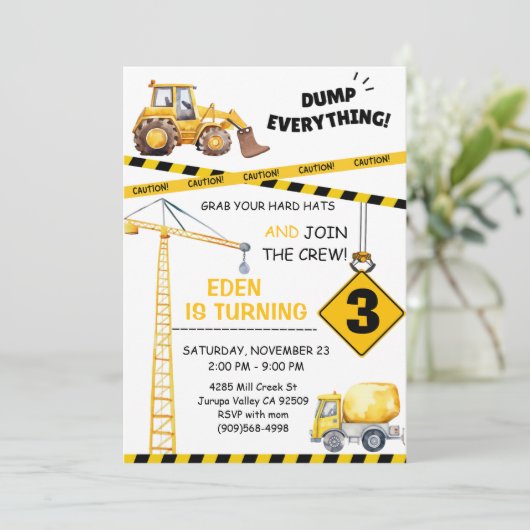 Bau 3. Geburtstagsfeier Einladung (Stehend Vorderseite)