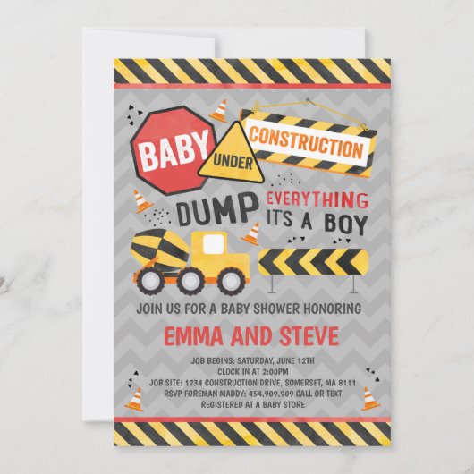 Bau Baby Dusche Einladung LKW Dusche (Vorderseite)