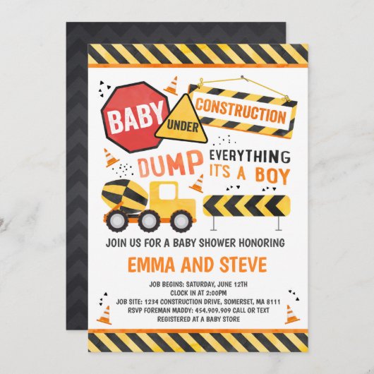 Bau-Babyparty-Einladungs-LKW-Dusche Einladung (Vorne/Hinten)