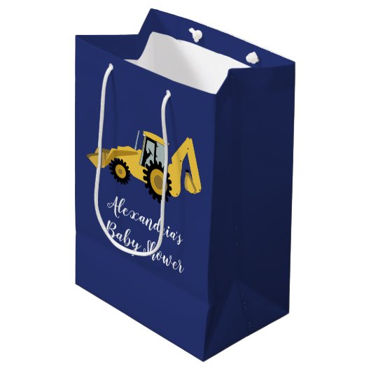 Bau-Backhoe-Babydusche Geschenktasche Mittlere Geschenktüte (Vorderseite Schrägansicht)