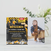 Bau Backhoe Kindergeburtstag Party Foto Einladung (Stehend Vorderseite)