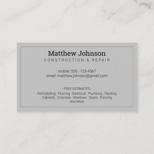 Bau Beruflich Moderne Grau  Visitenkarte (Rückseite)