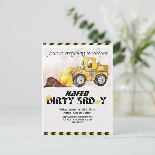 Bau Birthday Einladung Editable Dump Tru (Stehend Vorderseite)