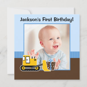 Bau Blue Brown 1. Geburtstag Junge Foto Einladung