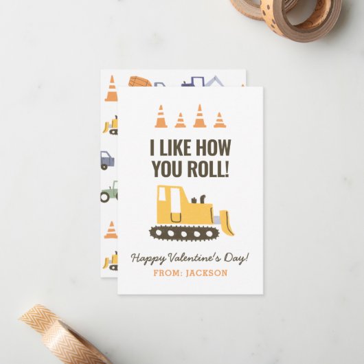 Bau Bulldozer Kinder Klassenzimmer Valentine Mitteilungskarte (Vorderseite/Rückseite Beispiel)