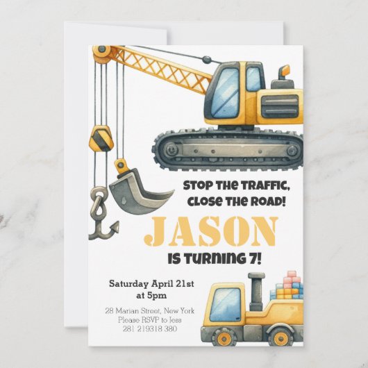 Bau Bulldozer Kindergeburtstag Party Einladung (Vorderseite)