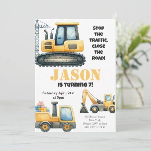 Bau Bulldozer Kindergeburtstag Party Einladung (Stehend Vorderseite)