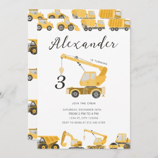 Bau eines Bruttopumpen Truck Digger Bagger Einladung (Vorne/Hinten)