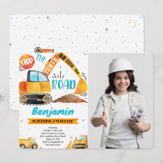 Bau Einladungen zum Geburtstag Foto (Vorne/Hinten)