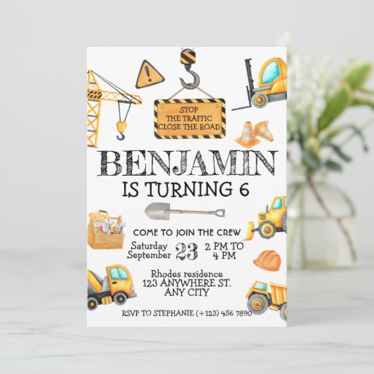 Bau Geburtstagsparty Einladung (Stehend Vorderseite)