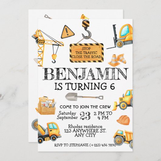 Bau Geburtstagsparty Einladung (Vorne/Hinten)