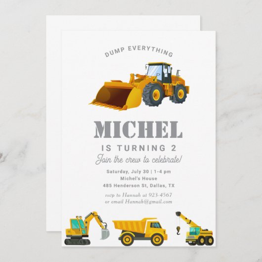 Bau-Lkw Geburtstagsparty Dekoration Einladung (Vorne/Hinten)