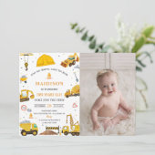 Bau-LKW Thema Geburtstagsparty Foto Einladung (Stehend Vorderseite)