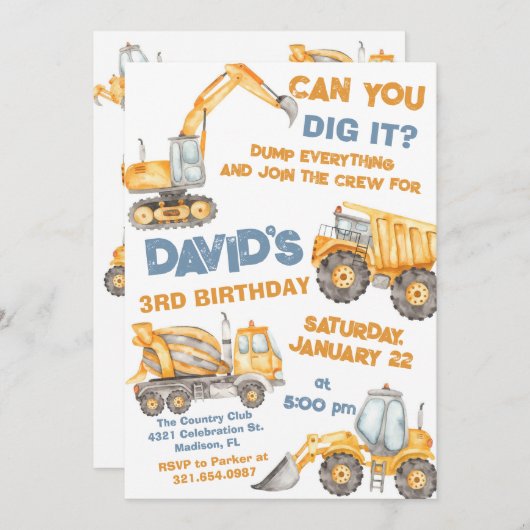 Bau-LKWs 3. Geburtstag Party Einladung (Vorne/Hinten)