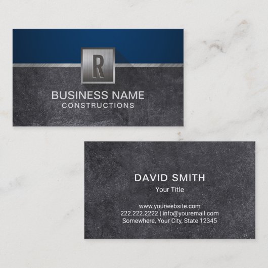 Bau-metallisches Monogramm-modernes Marine-Blau Visitenkarte (Vorne/Hinten)