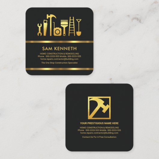 Bau Minimalistischer Black Gold Lines Quadratische Visitenkarte (Vorne/Hinten)