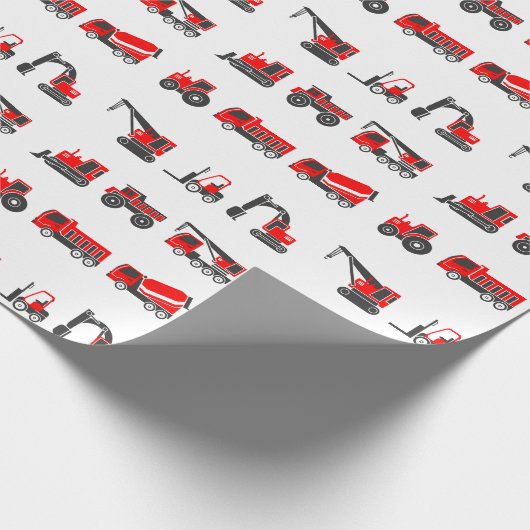 Bau, Schwarz-Rot-LKW, Kran, Traktor Geschenkpapier (Ecke)