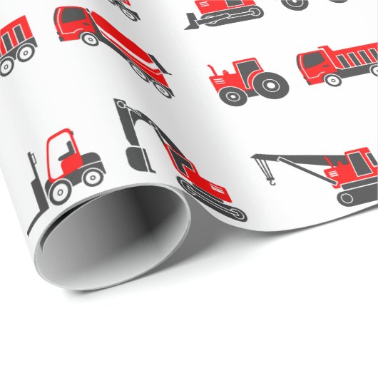 Bau, Schwarz-Rot-LKW, Kran, Traktor Geschenkpapier (Rolleneckpunkt)