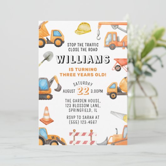 Bau Thema 3 Geburtstag Party Einladung (Stehend Vorderseite)