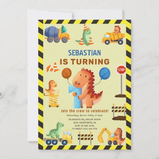 Bau von Dinosaurier, Dino Crew 1. Geburtstag Einladung (Vorderseite)