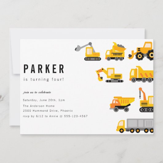 Bau von Lastkraftwagen Thema Geburtstag Einladung (Vorderseite)